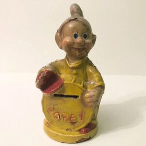 Vintage 1938 Walt Disney Snow White Dopey Dwarf Composition Coin  Bank